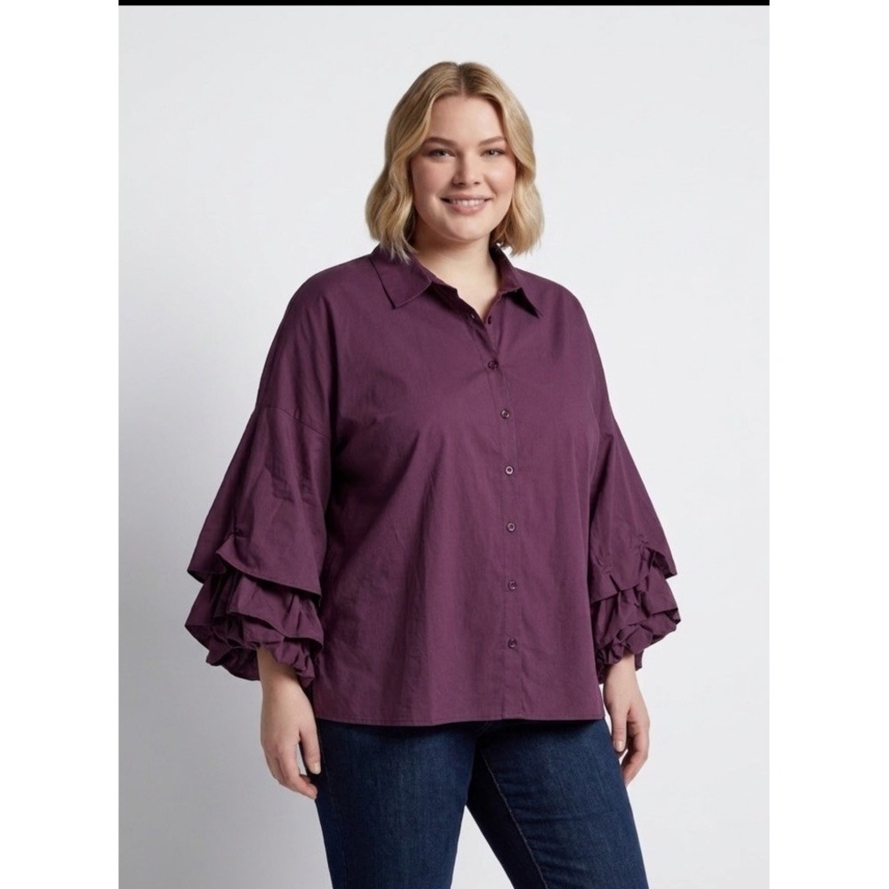 22W Ashley Stewart Blouse Shirt Button Front Billowy Sleeves Nice! A8